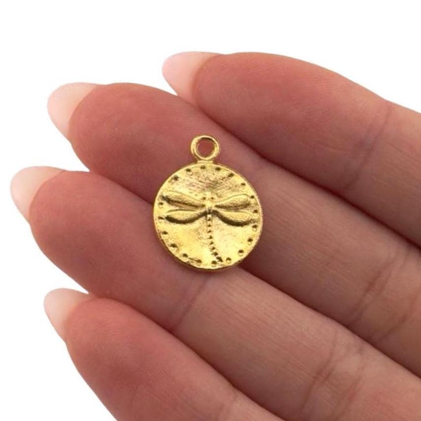 Tiny Round Dragonfly Charm, Satin 18k Gold Plated - ST341