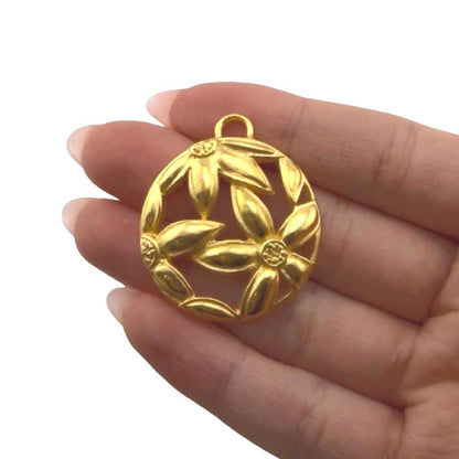 Round Boho Flower Pendant, Satin Gold Plated - ST663