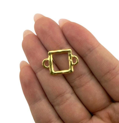 Hammered Square Connector w/ Double Side Loops, Satin 18K Gold Plated - ST262