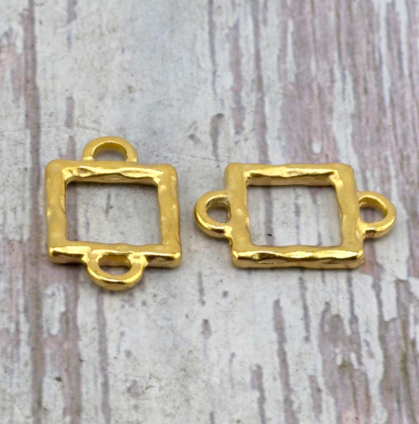 Hammered Square Connector w/ Double Side Loops, Satin 18K Gold Plated - ST262