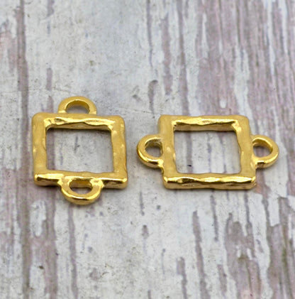 Hammered Square Connector w/ Double Side Loops, Satin 18K Gold Plated - ST262