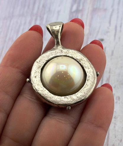 Large White Pearl Charm, Antiqued Pewter, Oversized Pendant, DIY Jewelry Making Supplies,Wholesale Bulk Statement Bail Components, PT776