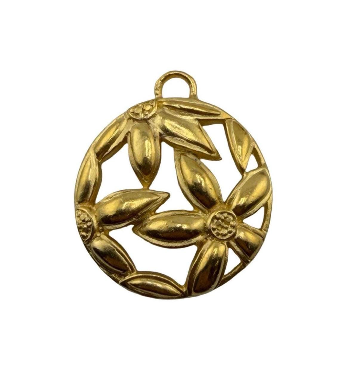 Round Boho Flower Pendant, Satin Gold Plated - ST663