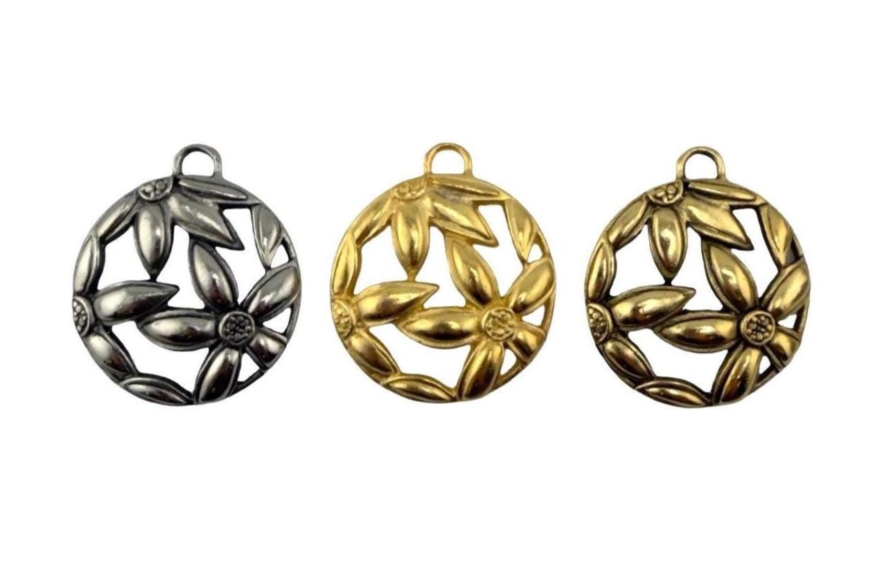 Round Boho Flower Pendant, Satin Gold Plated - ST663