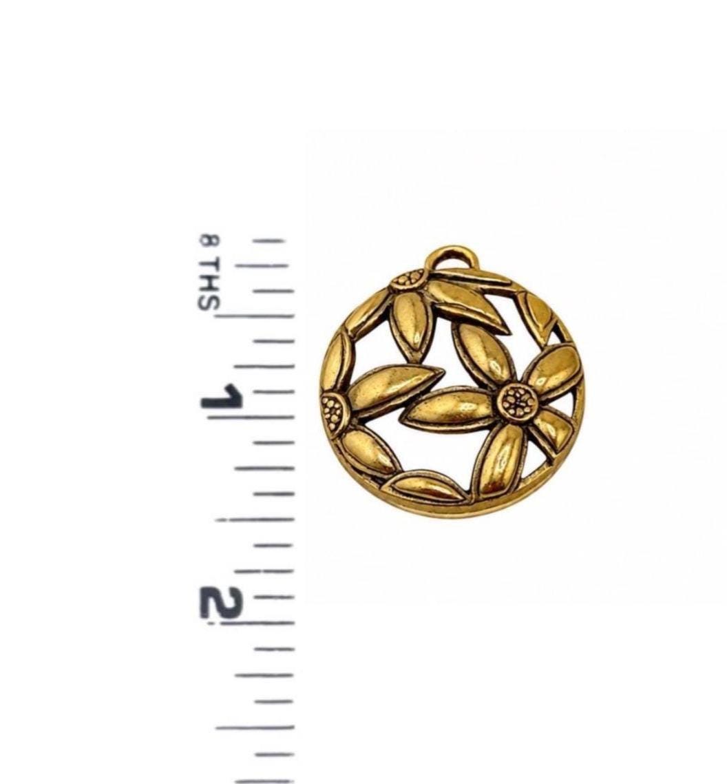 Round Boho Flower Pendant, Antiqued Gold Plated - AG679