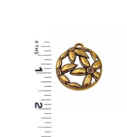 Round Boho Flower Pendant, Antiqued Gold Plated - AG679