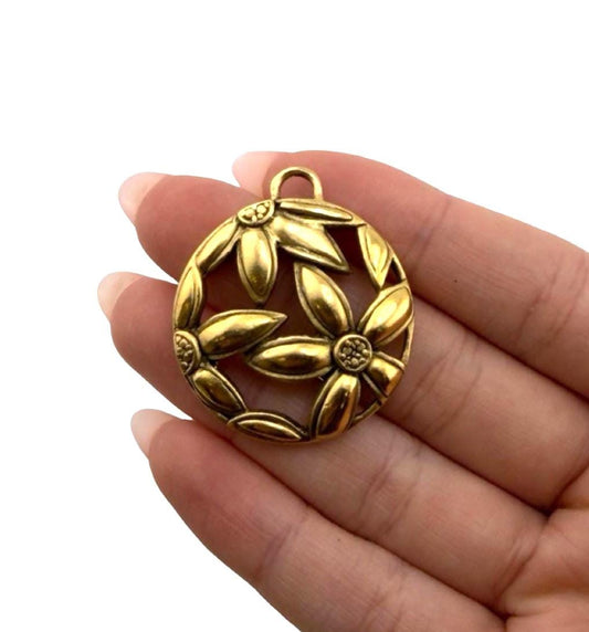 Round Boho Flower Pendant, Antiqued Gold Plated - AG679