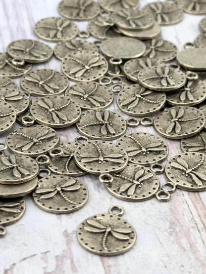 Tiny Round Dragonfly Charm, Antiqued Pewter - PT521