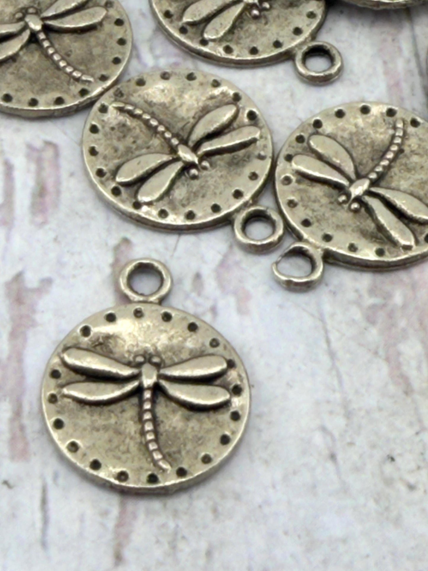Tiny Round Dragonfly Charm, Antiqued Pewter - PT521