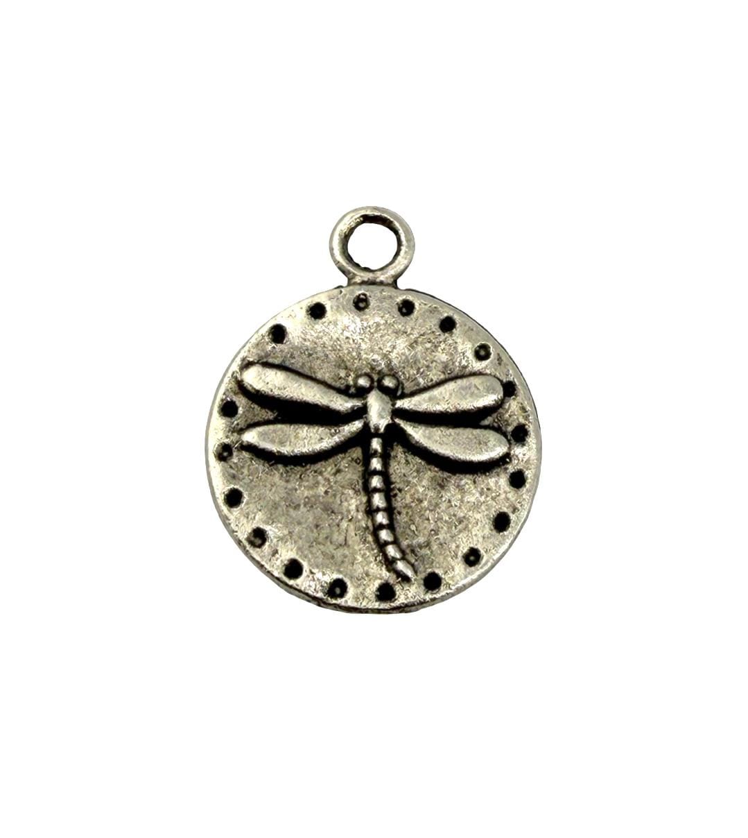 Tiny Round Dragonfly Charm, Antiqued Pewter - PT521