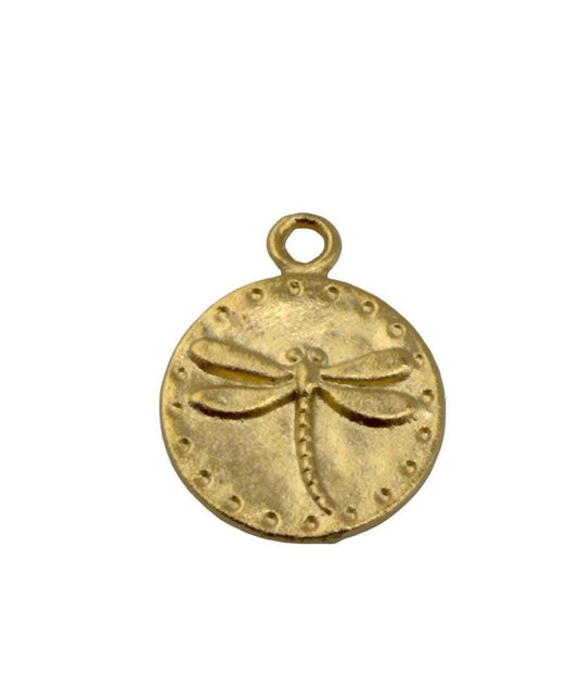 Tiny Round Dragonfly Charm, Satin 18k Gold Plated - ST341