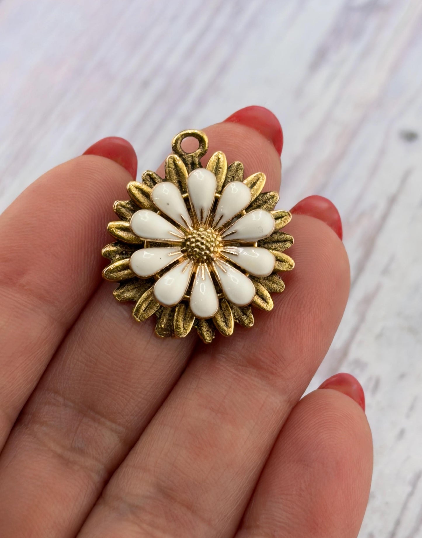 White Enamel Flower Charm, Antiqued Gold Plated - AG693