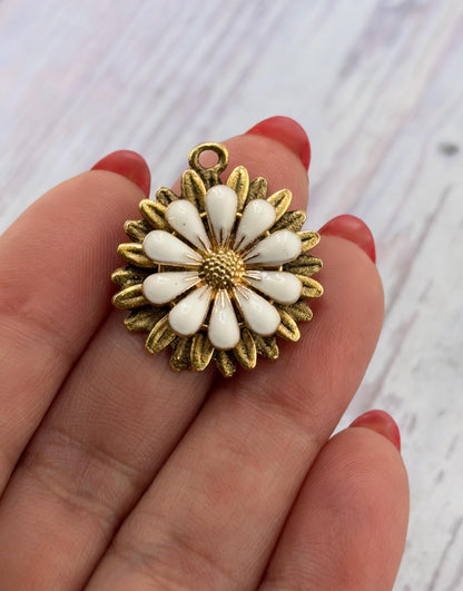 White Enamel Flower Charm, Antiqued Gold Plated - AG693