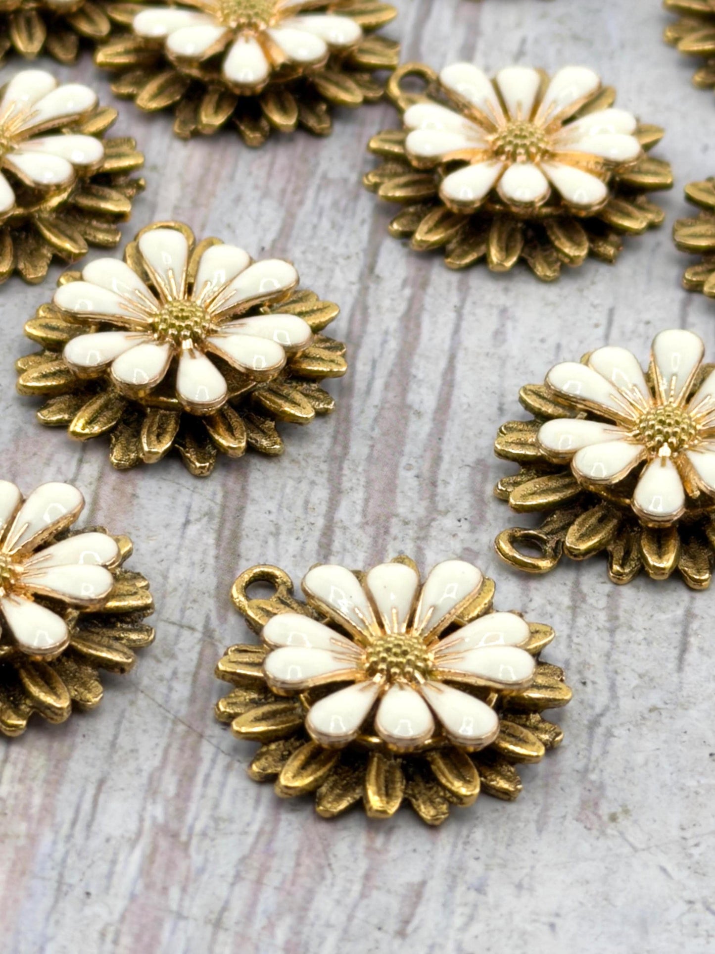 White Enamel Flower Charm, Antiqued Gold Plated - AG693
