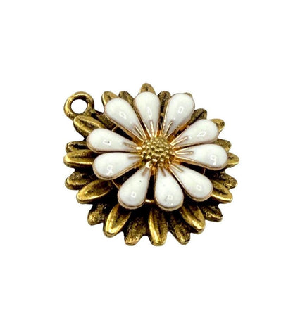 White Enamel Flower Charm, Antiqued Gold Plated - AG693