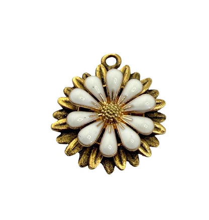 White Enamel Flower Charm, Antiqued Gold Plated - AG693