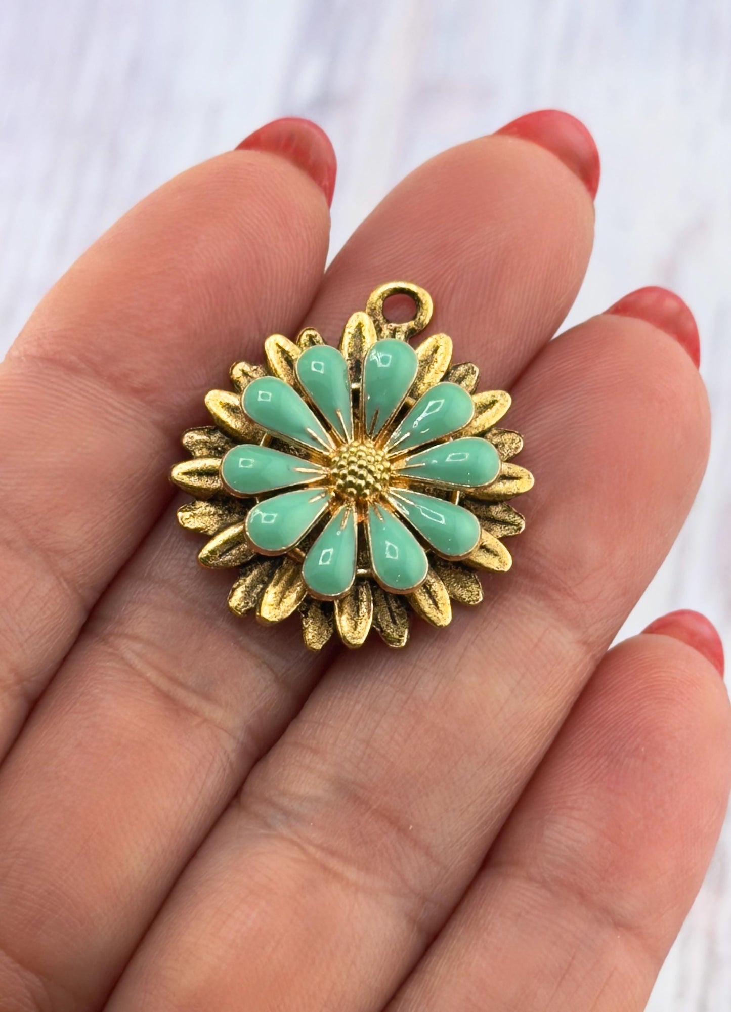 Turquoise 3D Enamel Flower Charm, Antiqued 18K Gold Plated - AG574