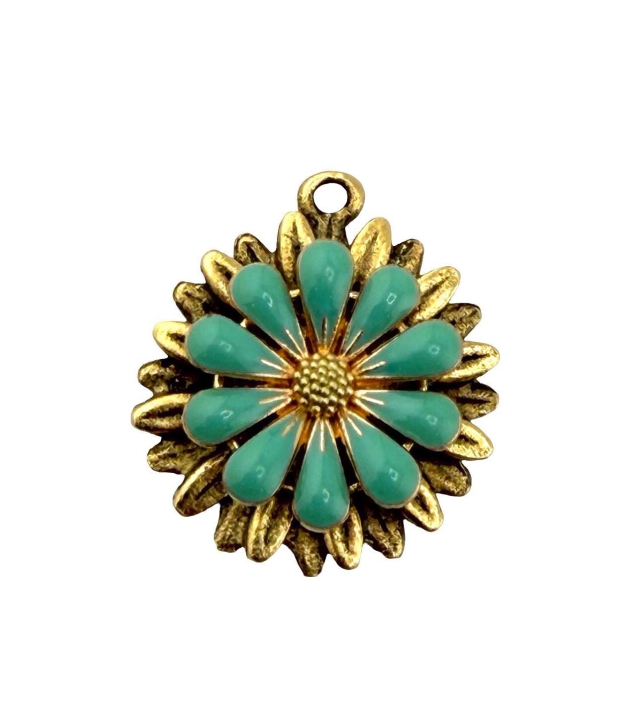 Turquoise 3D Enamel Flower Charm, Antiqued 18K Gold Plated - AG574