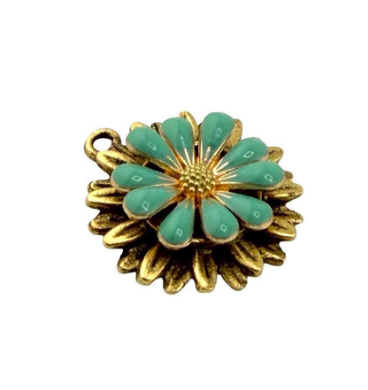 Turquoise 3D Enamel Flower Charm, Antiqued 18K Gold Plated - AG574