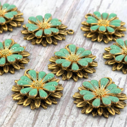Turquoise 3D Enamel Flower Charm, Antiqued 18K Gold Plated - AG574