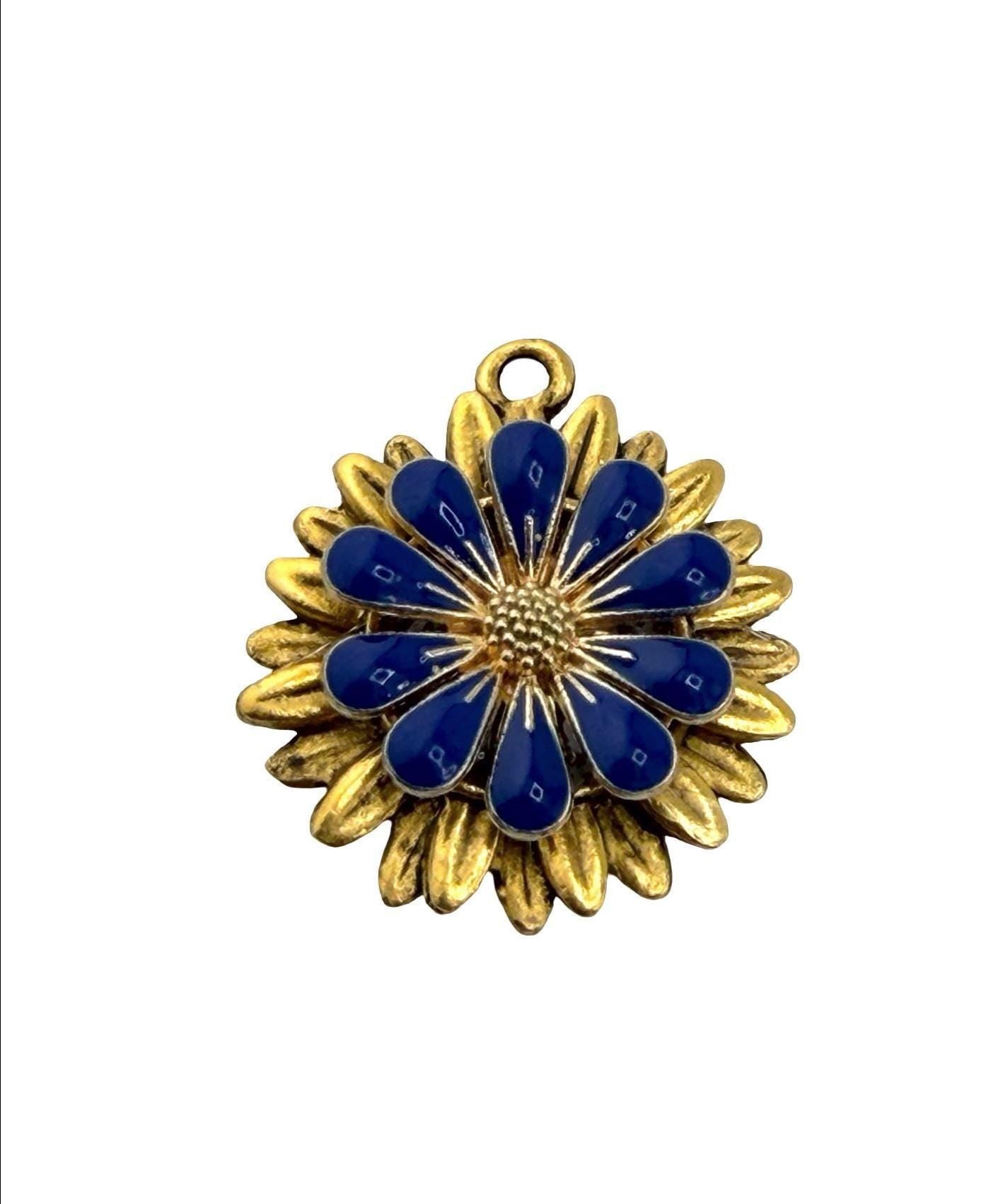 Prussian Blue 3D Enamel Flower Charm, Antiqued 18K Gold Plated - AG573