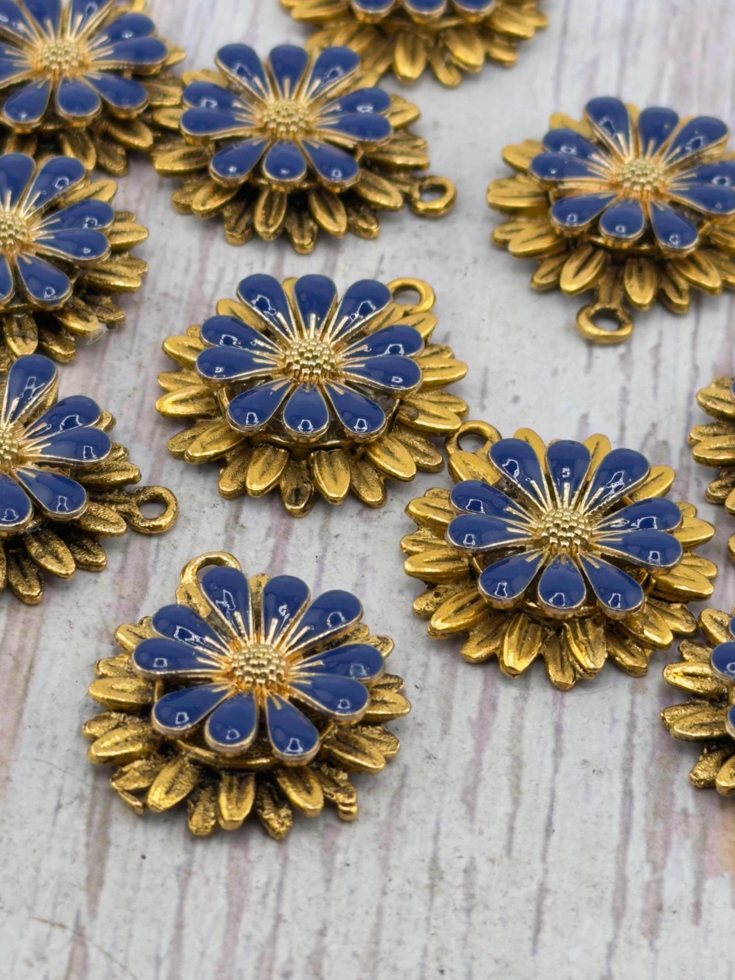 Prussian Blue 3D Enamel Flower Charm, Antiqued 18K Gold Plated - AG573