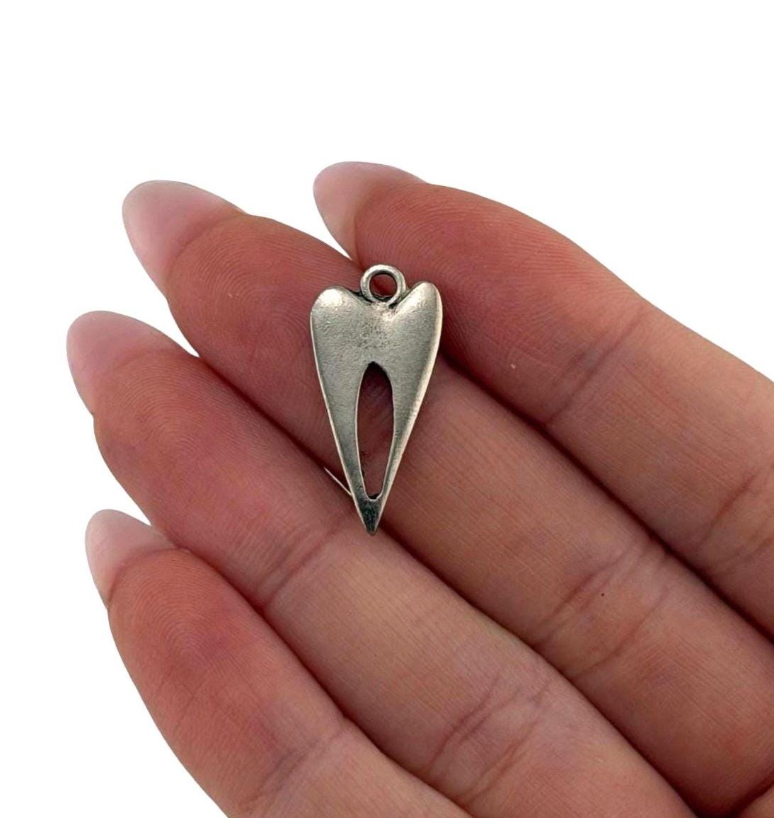 Elongated Skinny Heart Charm with Center Cutout, Antiqued Pewter - PT730