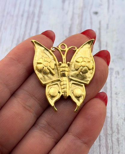 Large Artisan Butterfly Charm, Satin Gold Plated - ST666