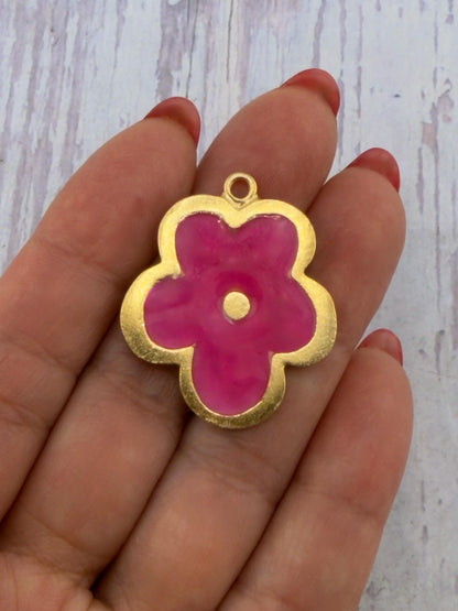 Pink Resin Boho Flower Charm, Satin Gold Plated - ST778