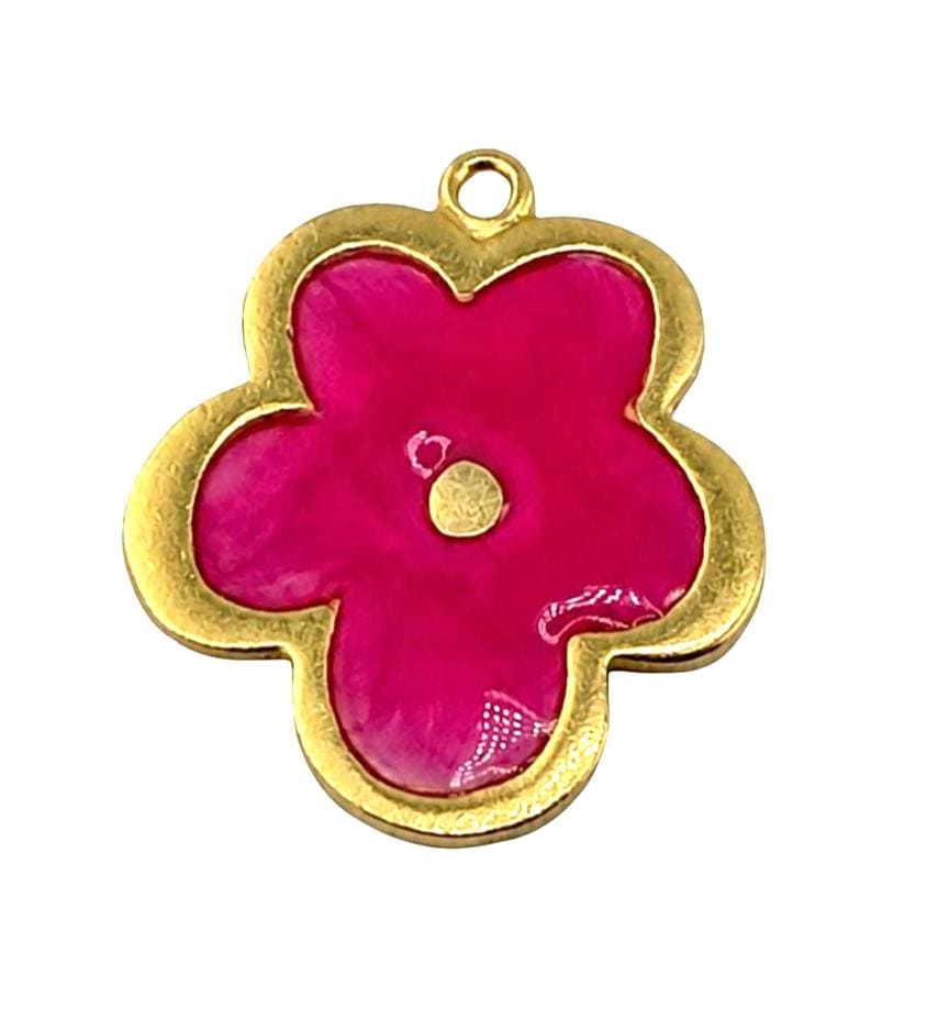 Pink Resin Boho Flower Charm, Antiqued Gold Plated - AG777