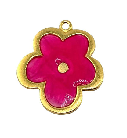 Pink Resin Boho Flower Charm, Antiqued Gold Plated - AG777
