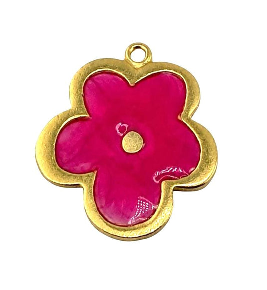 Pink Resin Boho Flower Charm, Antiqued Gold Plated - AG777