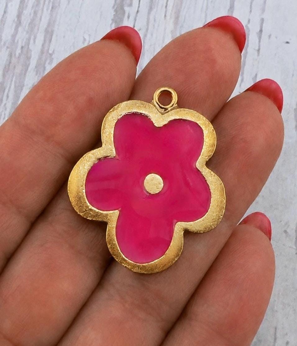 Pink Resin Boho Flower Charm, Antiqued Gold Plated - AG777