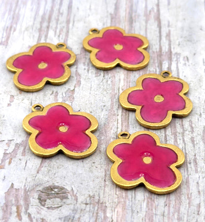 Pink Resin Boho Flower Charm, Antiqued Gold Plated - AG777