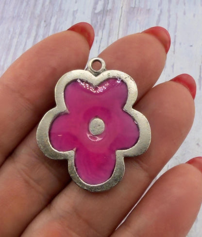 Pink Resin Boho Flower Charm, Antiqued Pewter - PT779