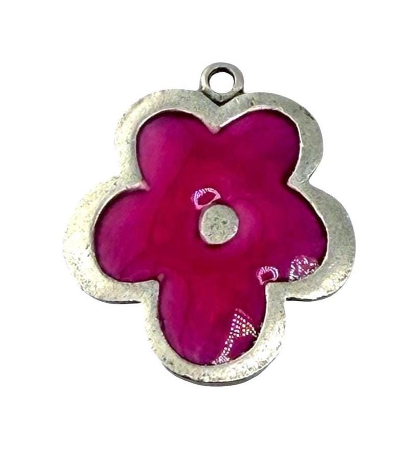 Pink Resin Boho Flower Charm, Antiqued Pewter - PT779