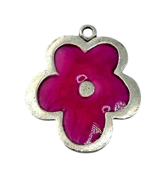 Pink Resin Boho Flower Charm, Antiqued Pewter - PT779