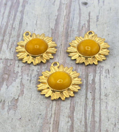 Yellow Jade Flower Charm, Satin Gold Plated - ST780