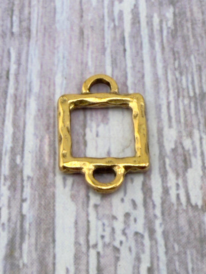 Hammered Square Connector w/ Double Side Loops, Antiqued 18K Gold Plated - AG082