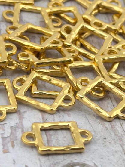 Hammered Square Connector w/ Double Side Loops, Satin 18K Gold Plated - ST262