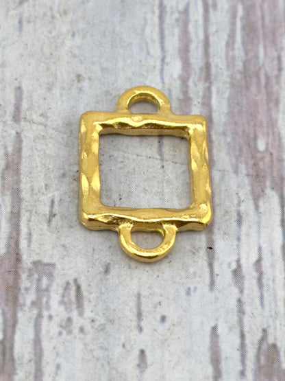 Hammered Square Connector w/ Double Side Loops, Satin 18K Gold Plated - ST262
