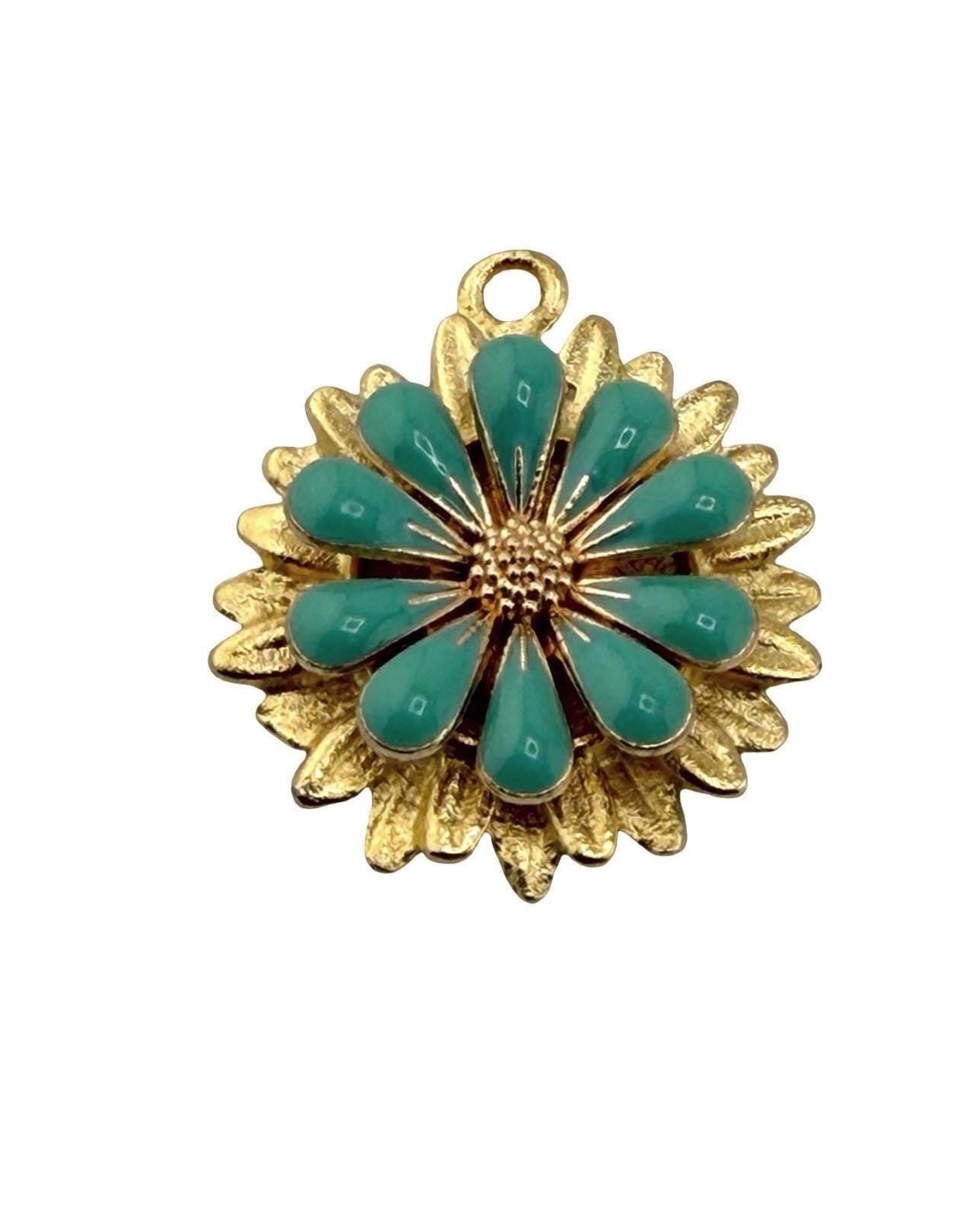 Breloque fleur 3D émaillée turquoise, plaqué or 18 carats satiné - ST580