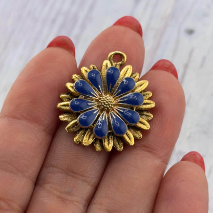 Prussian Blue 3D Enamel Flower Charm, Antiqued 18K Gold Plated - AG573