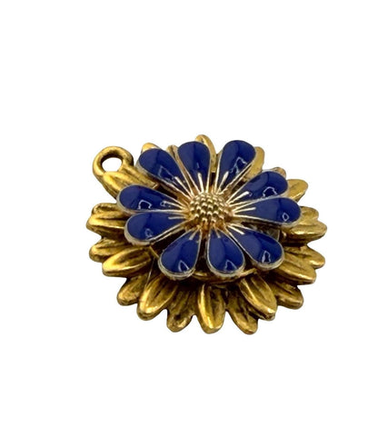 Prussian Blue 3D Enamel Flower Charm, Antiqued 18K Gold Plated - AG573
