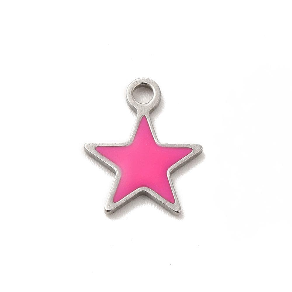 (2 count) Hot Pink Tiny Star Charms, Stainless Steel and Enamel - S015