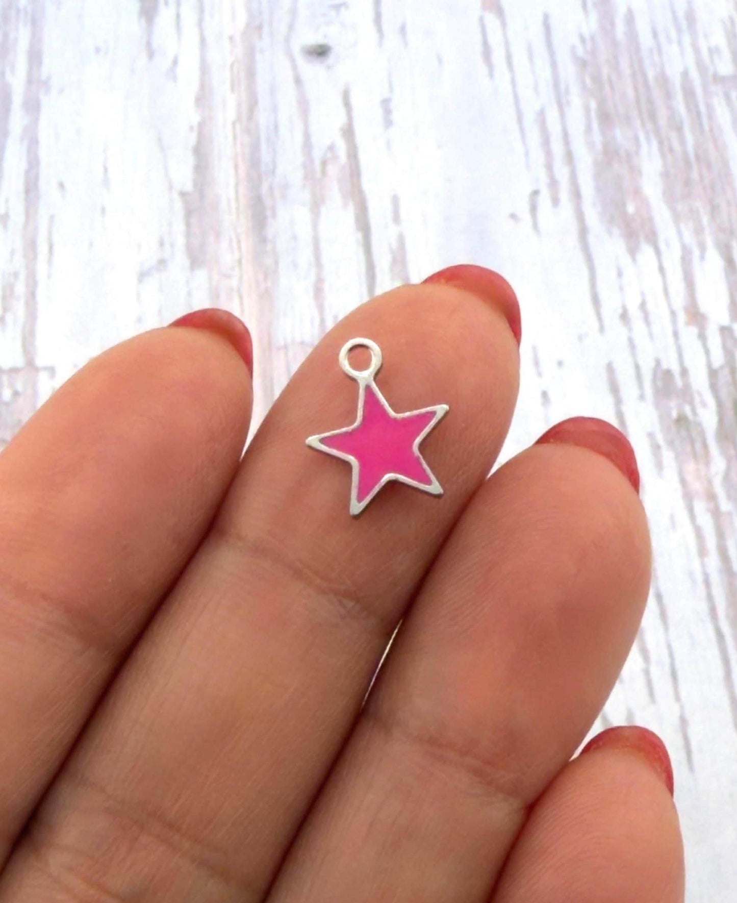 (2 count) Hot Pink Tiny Star Charms, Stainless Steel and Enamel - S015