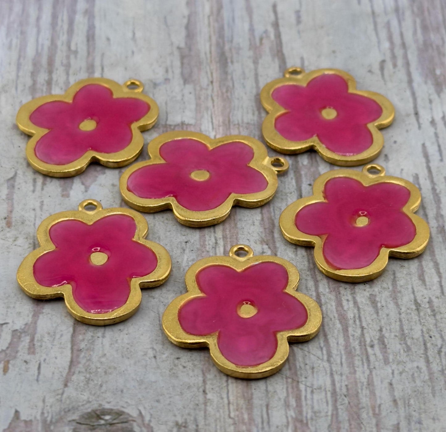 Pink Resin Boho Flower Charm, Satin Gold Plated - ST778