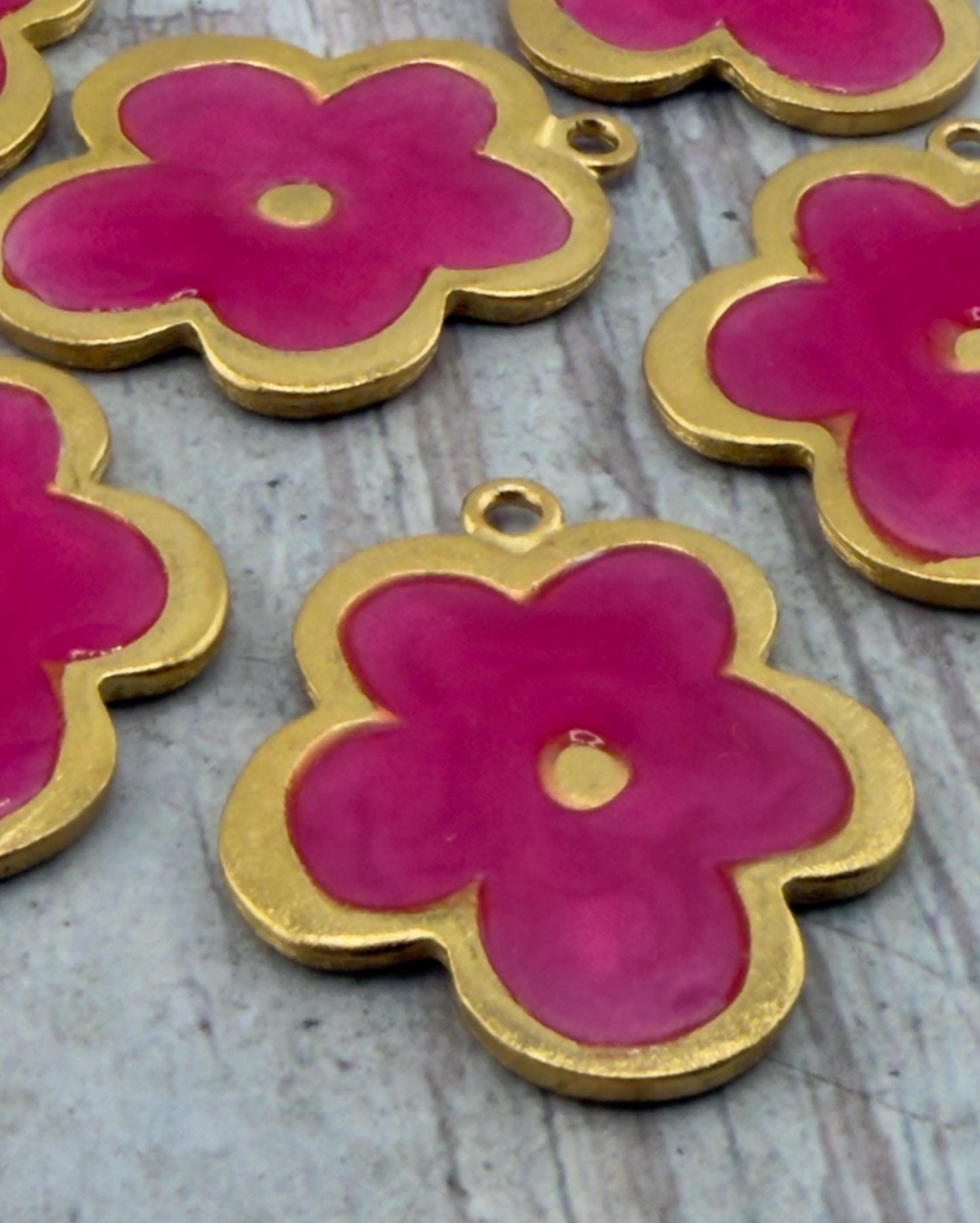 Pink Resin Boho Flower Charm, Satin Gold Plated - ST778