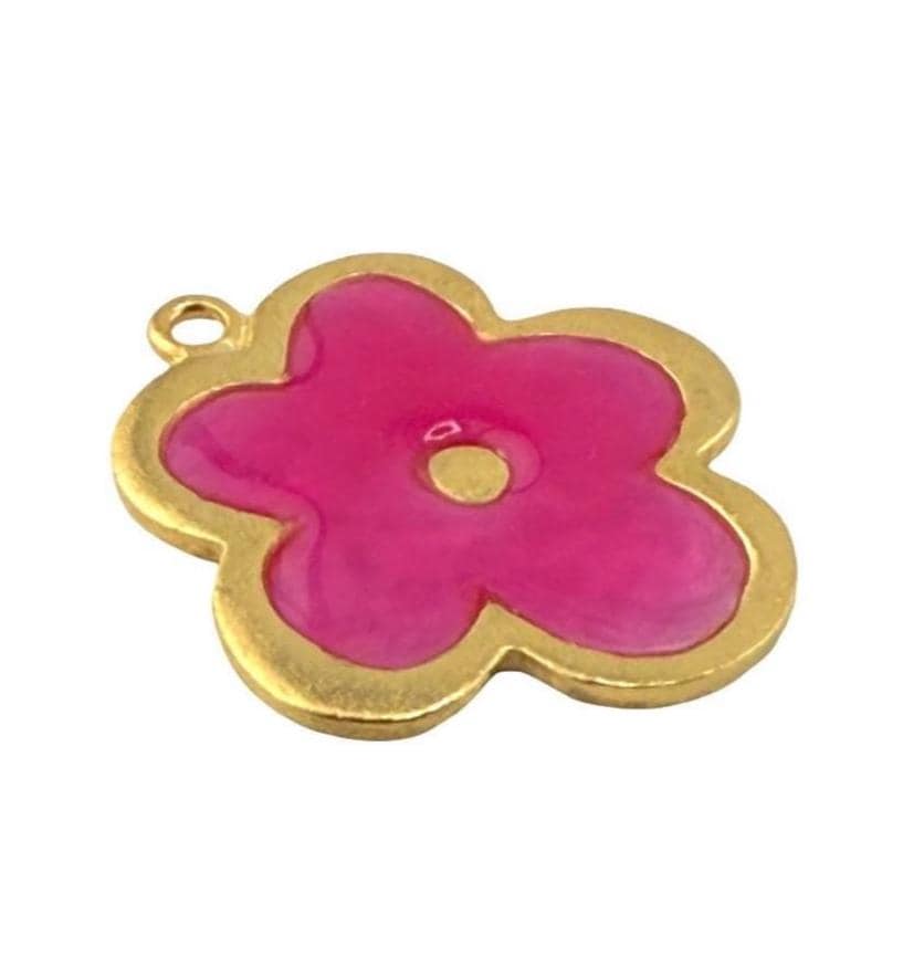 Pink Resin Boho Flower Charm, Satin Gold Plated - ST778