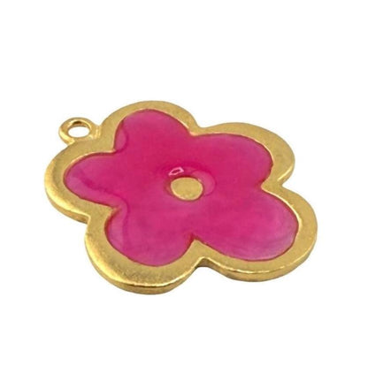 Pink Resin Boho Flower Charm, Satin Gold Plated - ST778